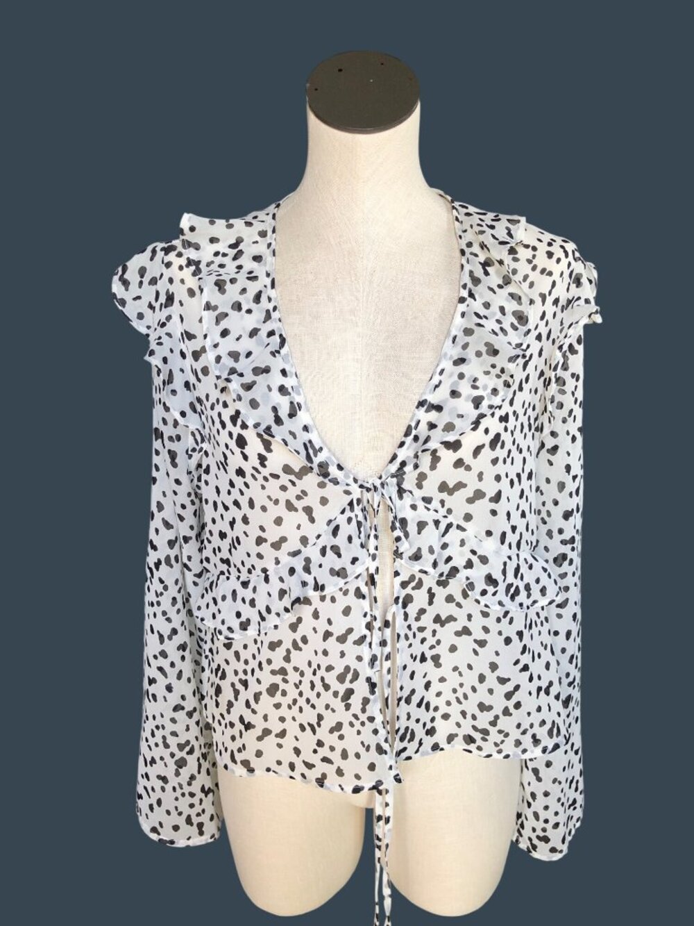 Pleione Blouse Womens M Sheer Flowy Black White Polka Dot Ruffled Long Slve Top